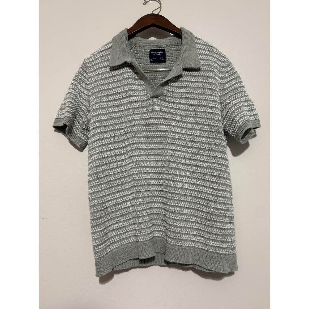 Abercrombie & Fitch Mens Green White Striped Textured Knit Sweater Polo Shirt S